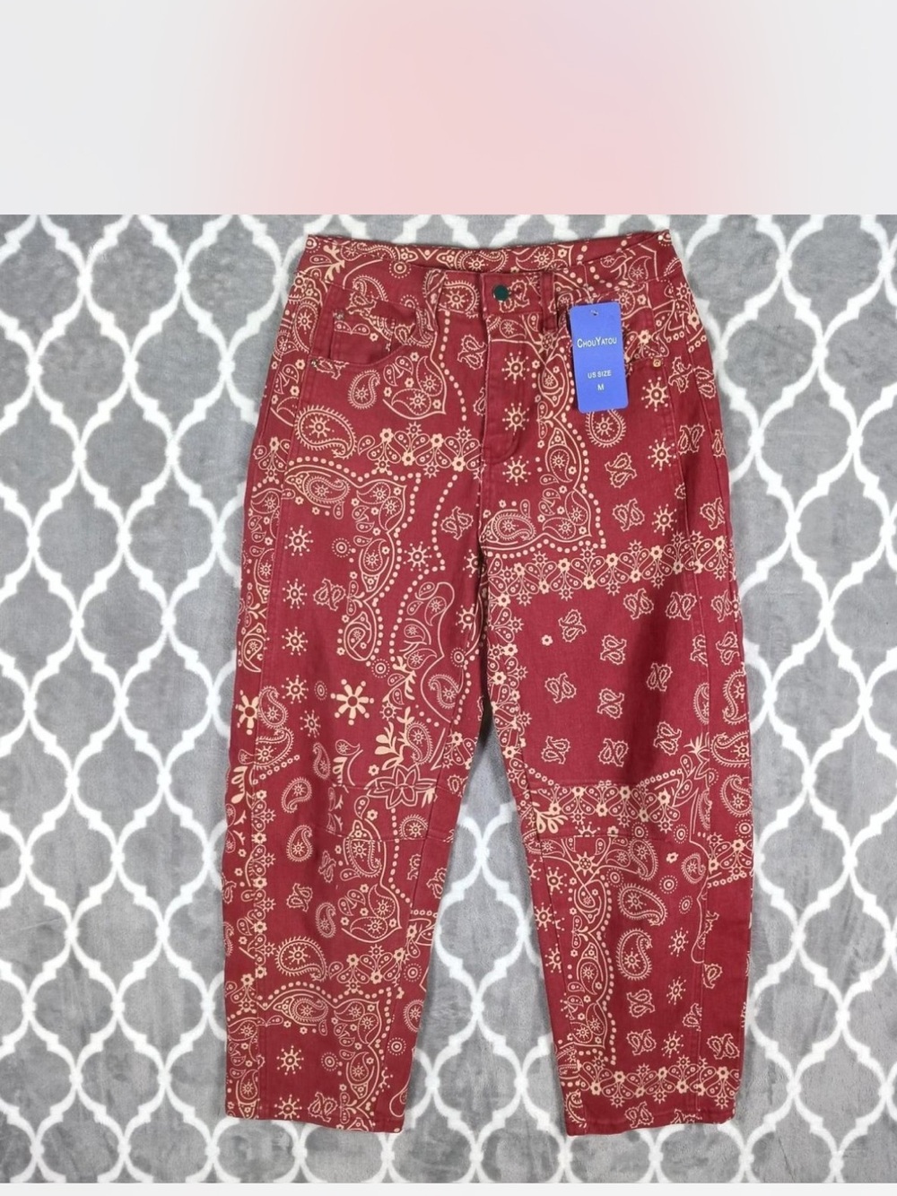 ChouYatou Red Bandana-Print Wide Leg Jeans
